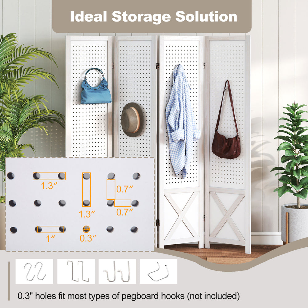 4-panel pegboard room divider with multiple peg holes, natural wood frame, and foldable design for versatile storage.