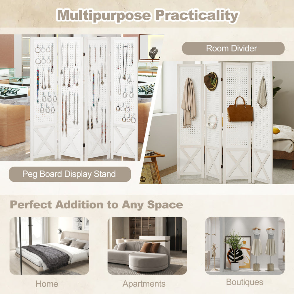 4-panel pegboard room divider with natural paulownia wood, versatile storage, and foldable design for home or.