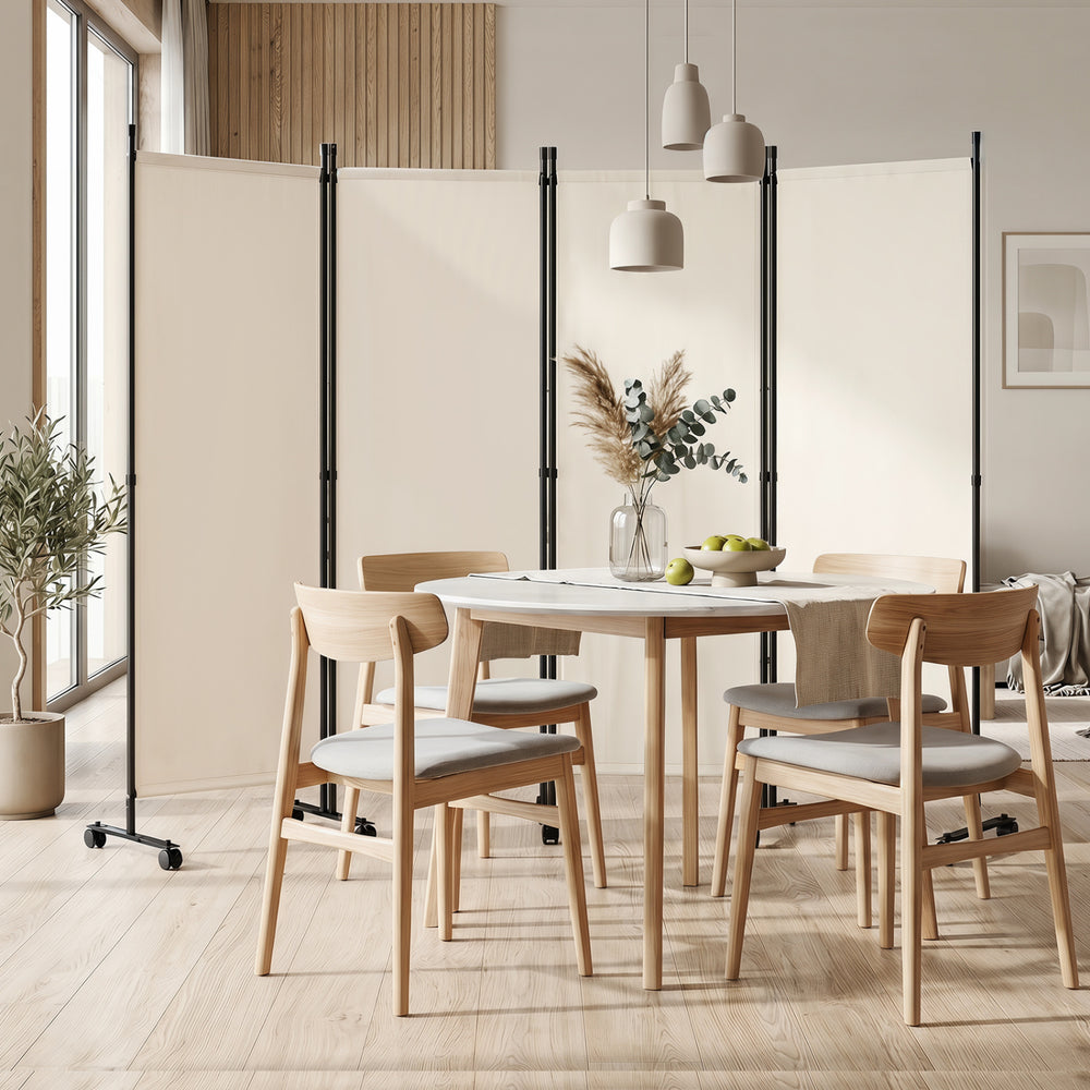 Beige 4-panel room divider with a sturdy metal frame, placed in a stylish living room setting for privacy and.