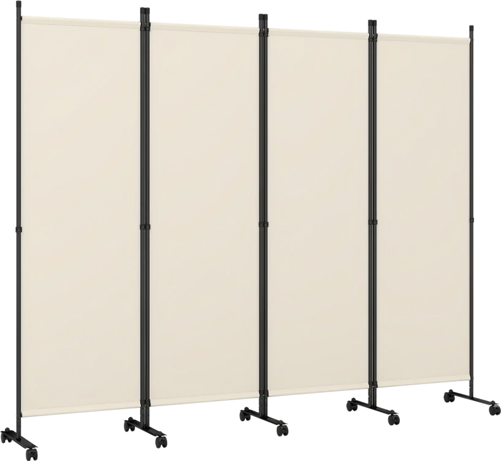 4-panel room divider in beige with lockable wheels, ideal for privacy and flexible space arrangement in various.