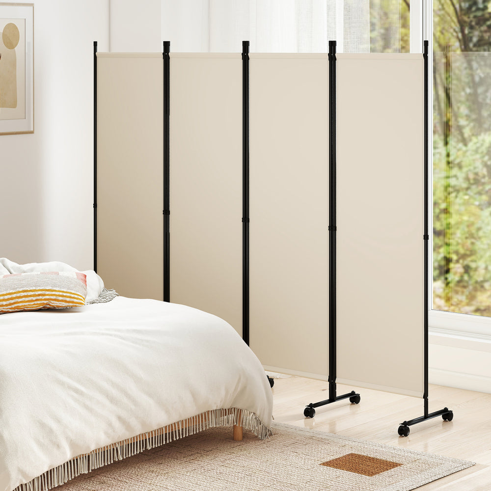 Beige 4-panel room divider with lockable wheels, ideal for privacy and flexible space arrangement in living rooms.