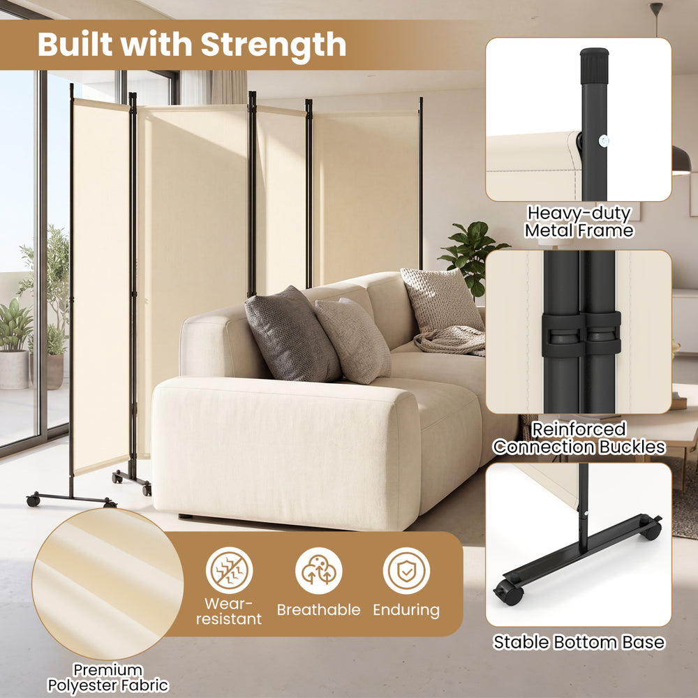 4-panel beige room divider with lockable wheels, heavy-duty metal frame, and breathable polyester fabric for versatile.