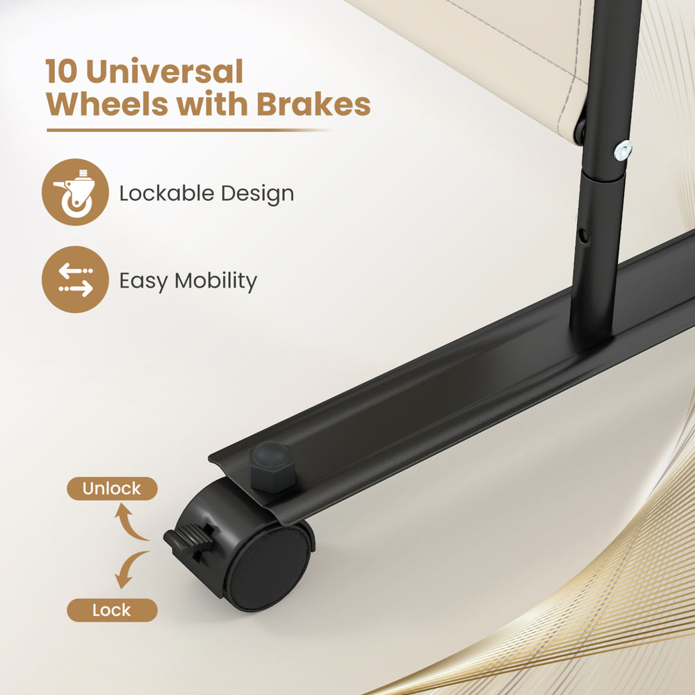 Close-up of lockable wheels on a 4-panel room divider, featuring easy mobility and a durable metal frame for stability.