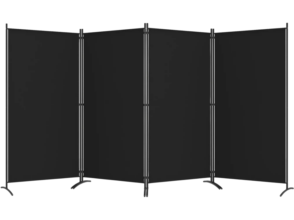 Four-panel black room divider with a metal frame, providing privacy and flexible arrangement for various spaces.