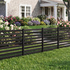Black 4-panel wooden outdoor privacy fence with slatted design, ideal for decorative enclosures and easy no-dig setup.
