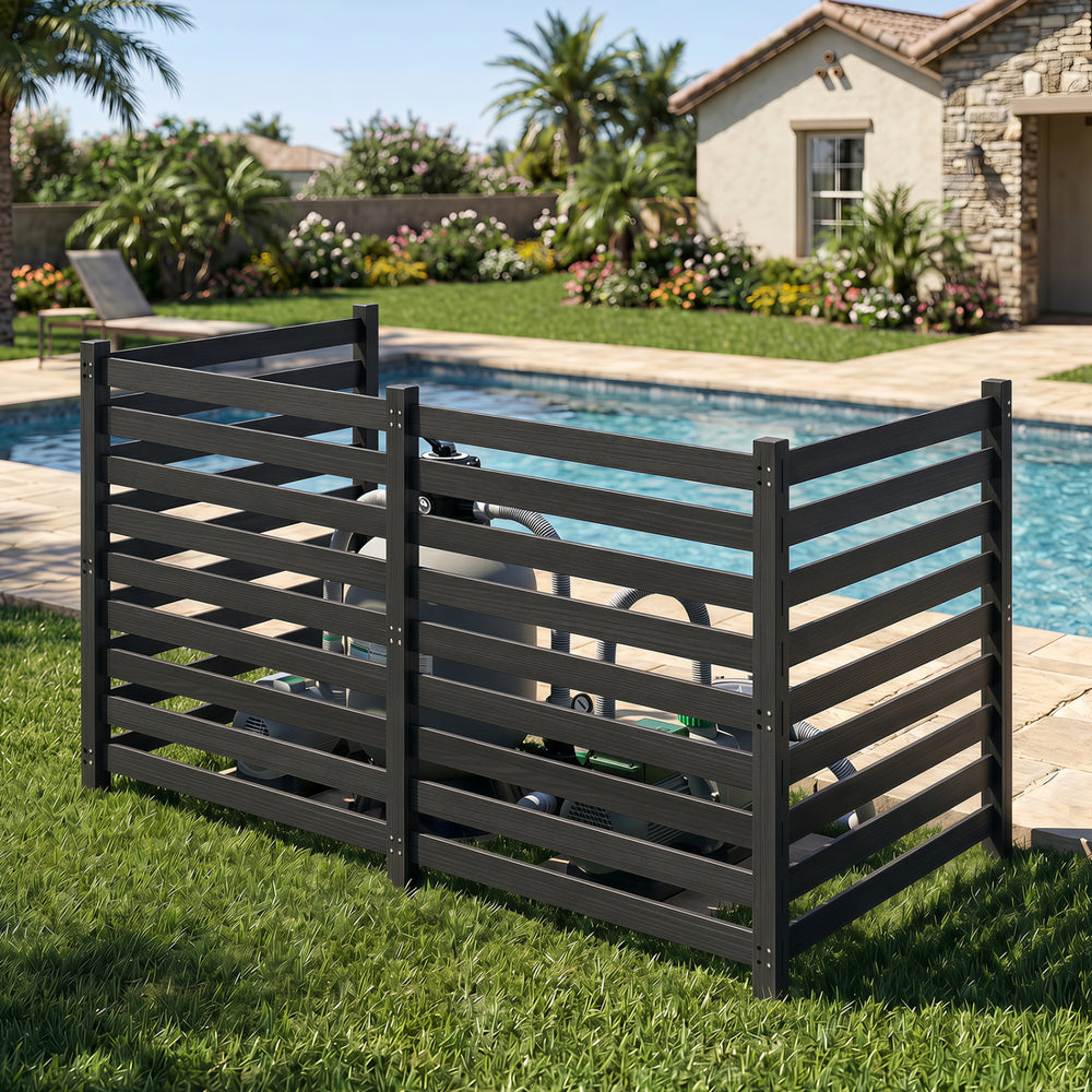 4-panel black wooden outdoor privacy fence with slatted design, ideal for enclosing AC units or pool pumps.