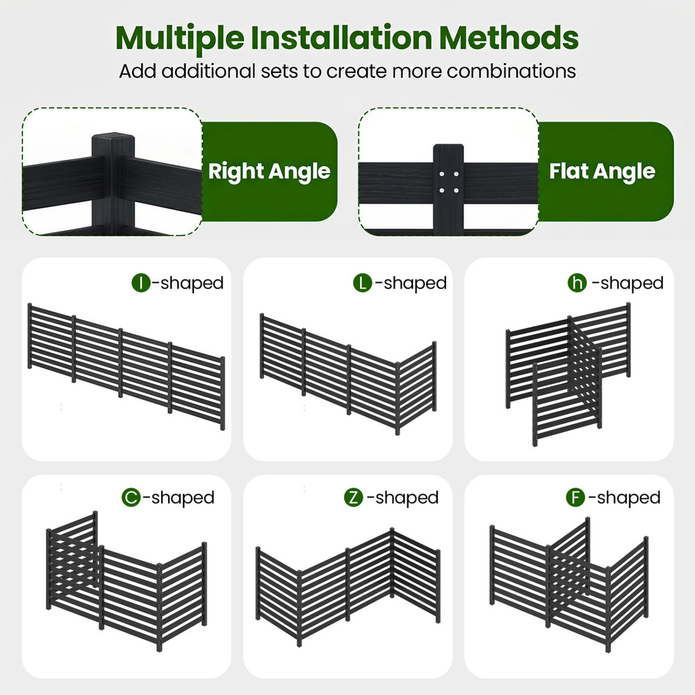 4-panel black wooden outdoor privacy fence with ground stakes, featuring flexible layouts for various installations.