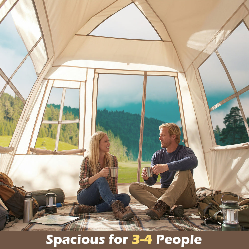Spacious 4-person camping tent with automatic setup, rainfly, and dual doors for easy access in outdoor settings.