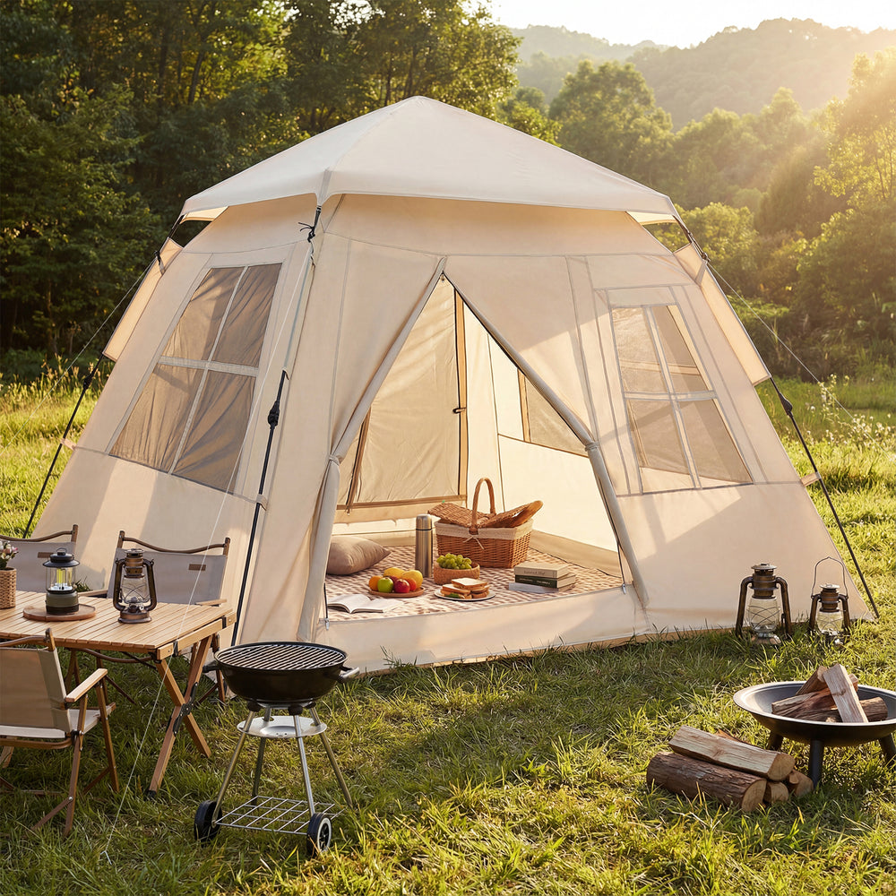 4-person camping tent with automatic setup, rainfly, and dual doors, ideal for outdoor leisure and ventilation.