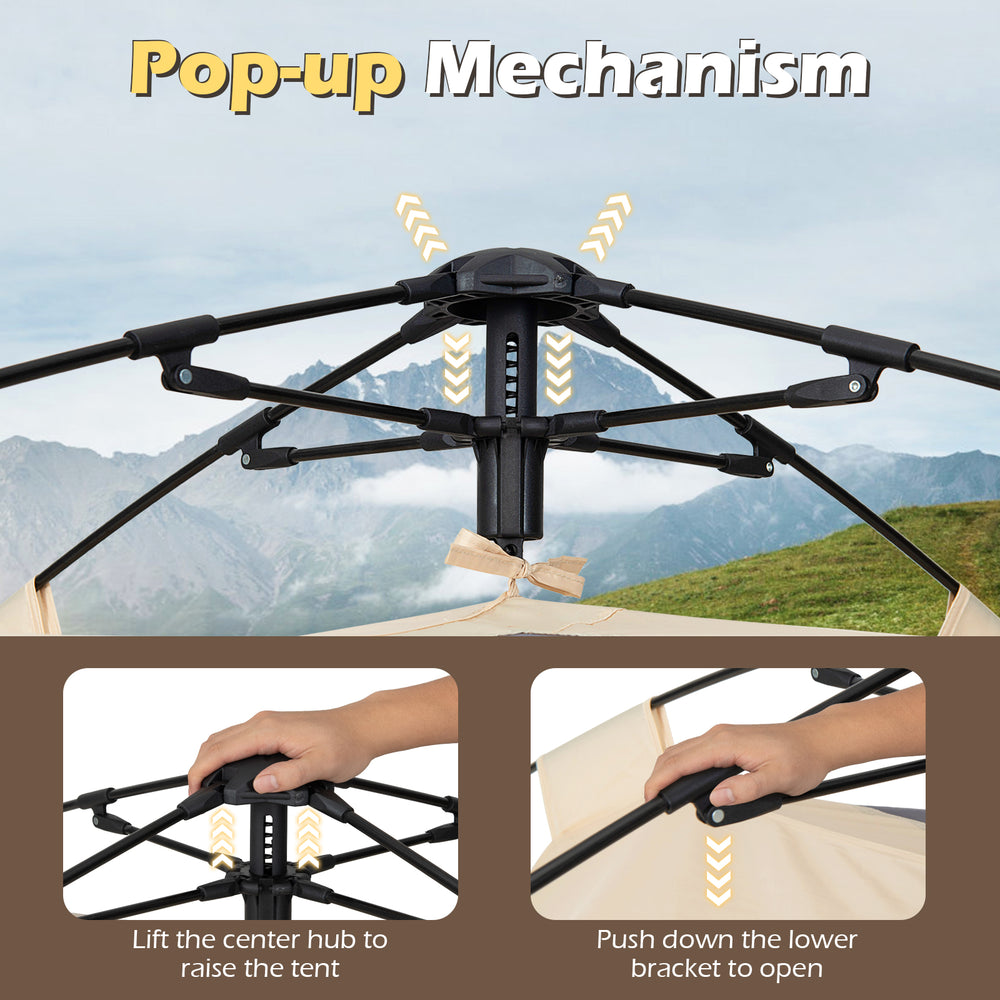 Pop-up mechanism of a 4-person camping tent with automatic setup, featuring a center hub and lower bracket for easy.