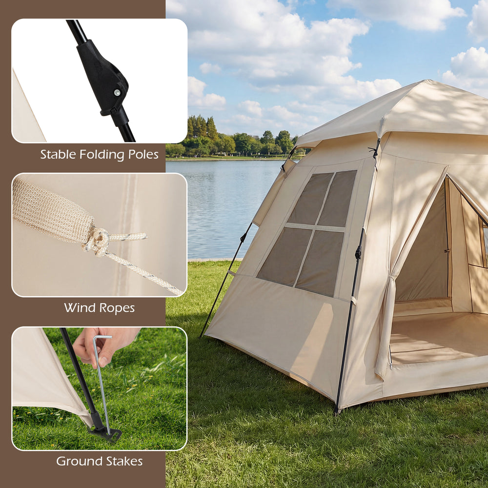 Stable folding poles and ground stakes of the 4-person camping tent, designed for easy setup and secure outdoor use.