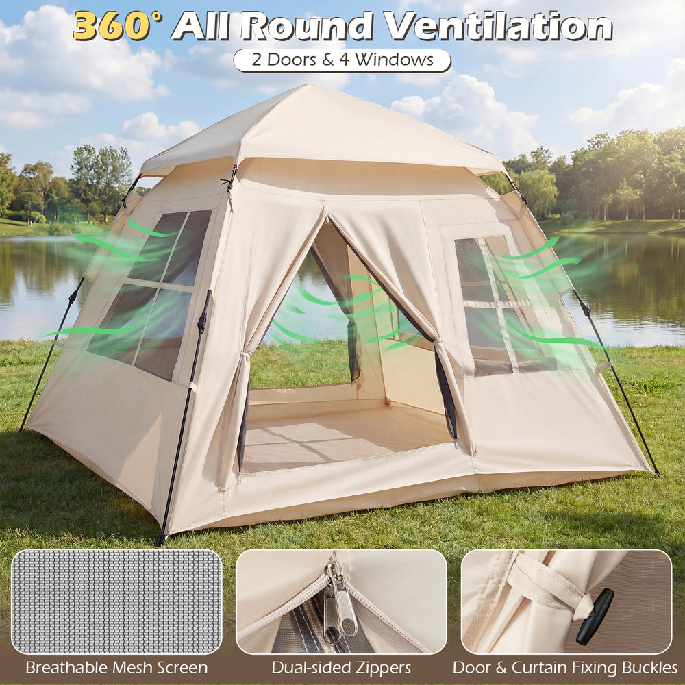 4-person camping tent with 2 doors, 4 windows, and breathable mesh for 360° ventilation, ideal for outdoor leisure.