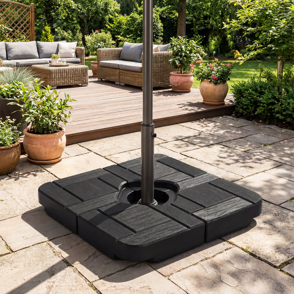 Heavy-duty black cantilever patio umbrella base with realistic wood-grain finish, designed for stability and easy.