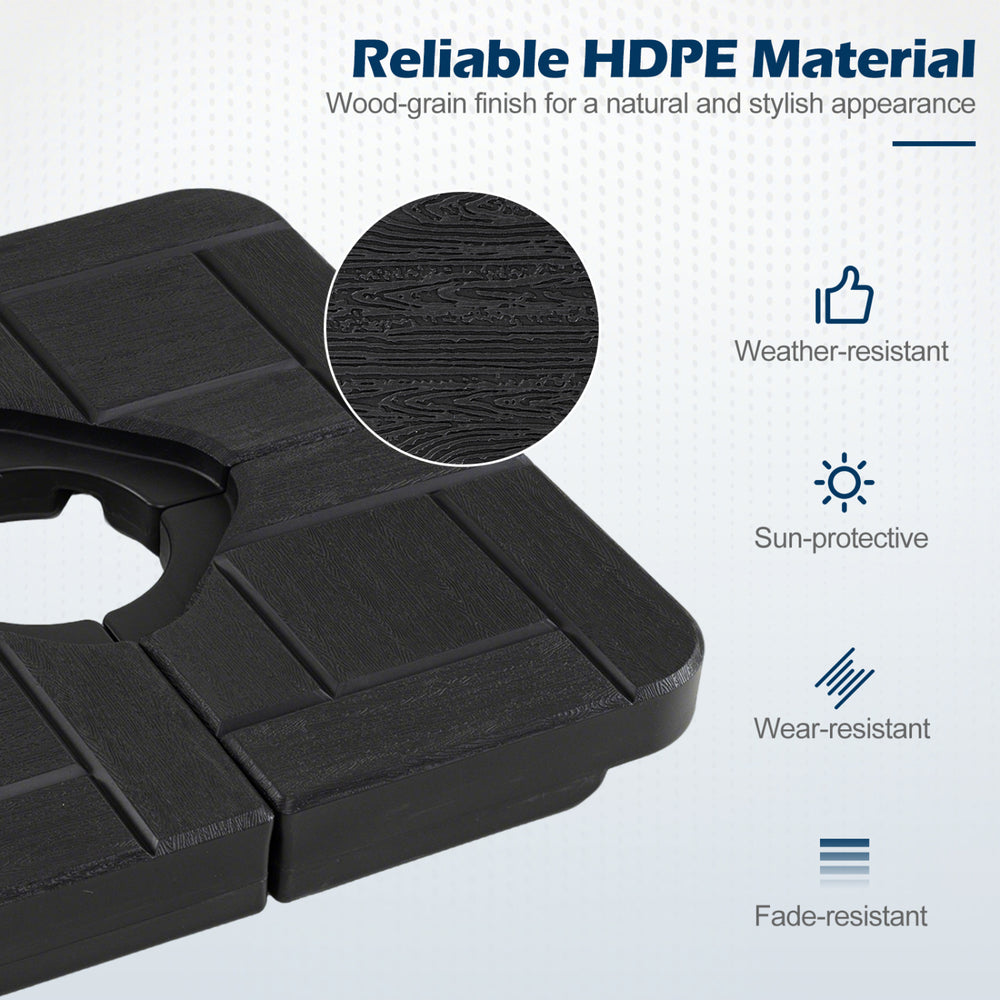 Black HDPE patio umbrella base with wood-grain finish, weather-resistant, holds up to 188 lbs for stability.