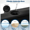 Large spout of the 4-piece black umbrella base for easy filling with water or sand, ensuring stability for patio.