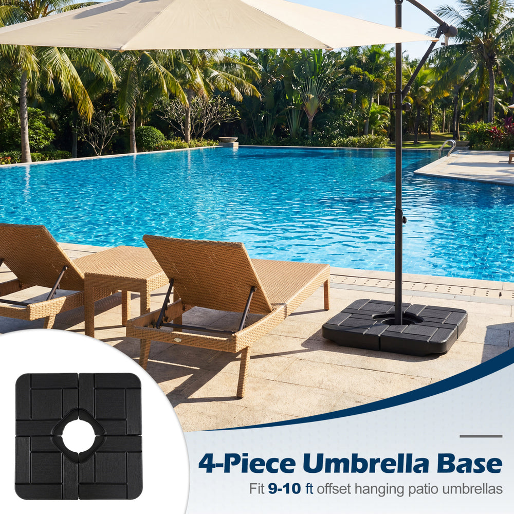 4-piece black umbrella base with realistic wood-grain finish, designed for 9-10 ft offset patio umbrellas, ensuring.