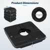 4-piece black patio umbrella base with dimensions, designed for stability and easy storage, fits 9-10 ft umbrellas.
