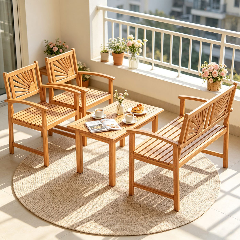Four-piece outdoor acacia wood seating set with lattice backrests, perfect for patio or garden relaxation.