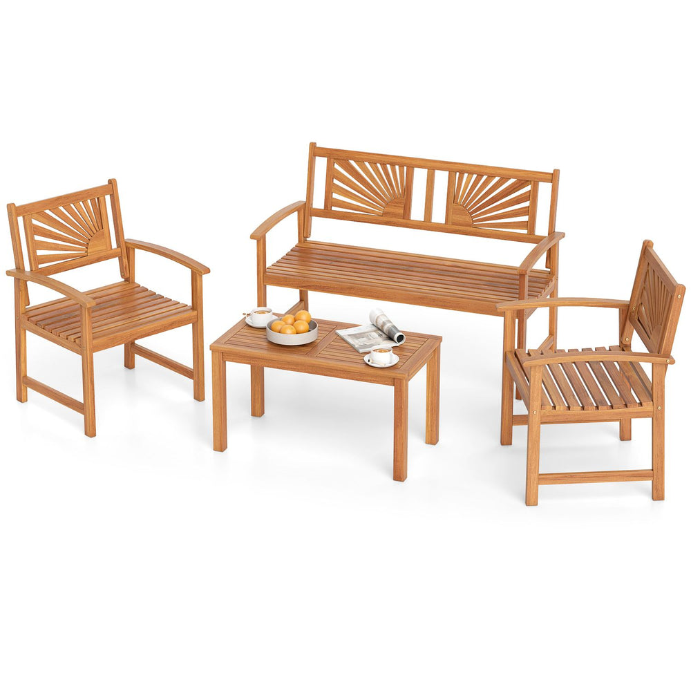 Four-piece outdoor acacia wood sofa set with lattice backrests, ideal for patio, garden, or poolside relaxation.