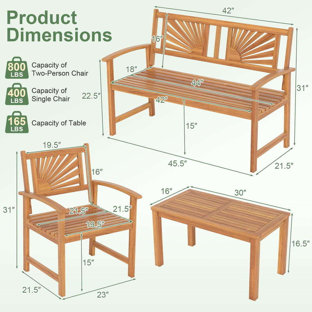 Outdoor wicker sofa chairs and loveseat with rectangle coffee table, featuring acacia wood and lattice backrest design.