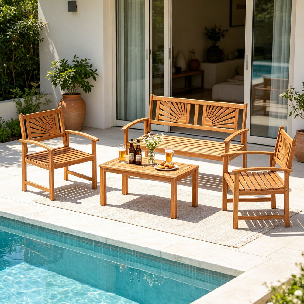 Acacia wood outdoor sofa set with lattice backrest, featuring two chairs and a loveseat, perfect for poolside relaxation.