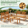 Outdoor wicker sofa chairs and loveseat with rectangle coffee table made of high-quality acacia wood for patio use.