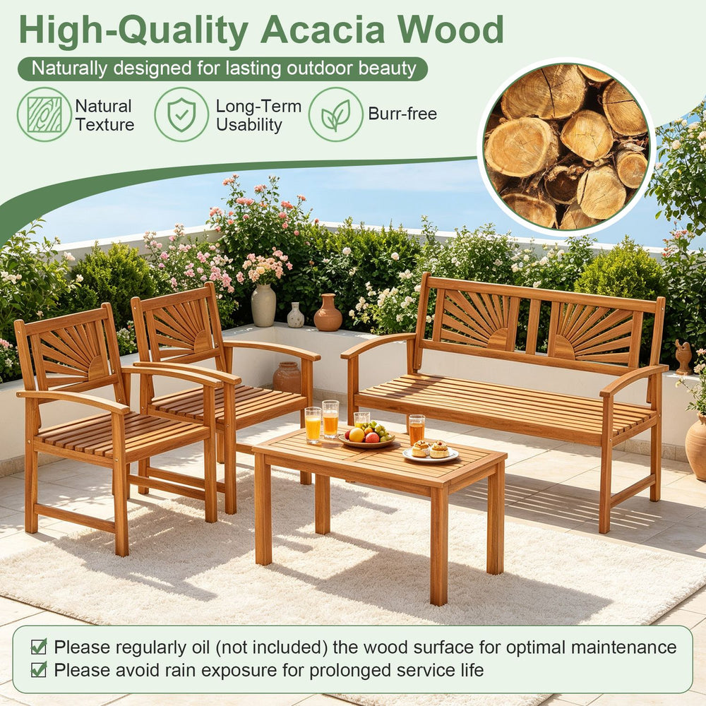 Outdoor wicker sofa chairs and loveseat with rectangle coffee table made of high-quality acacia wood for patio use.