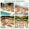 Outdoor acacia wood sofa chairs and loveseat with coffee table, ideal for poolside, patio, garden, or backyard settings.