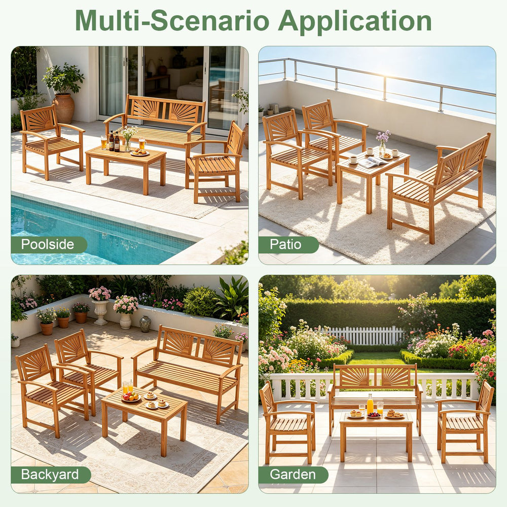 Outdoor acacia wood sofa chairs and loveseat with coffee table, ideal for poolside, patio, garden, or backyard settings.