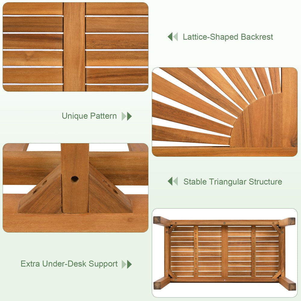 Lattice-shaped backrest and stable triangular structure of acacia wood enhance safety and style for outdoor seating.