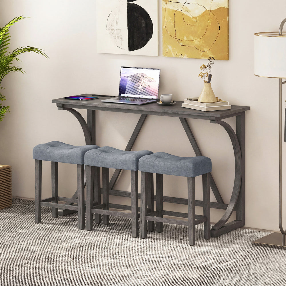 4-Piece Bar Table Set with Power Outlet and Upholstered Saddle Seat Stools-Black - Gallery View 1 of 11