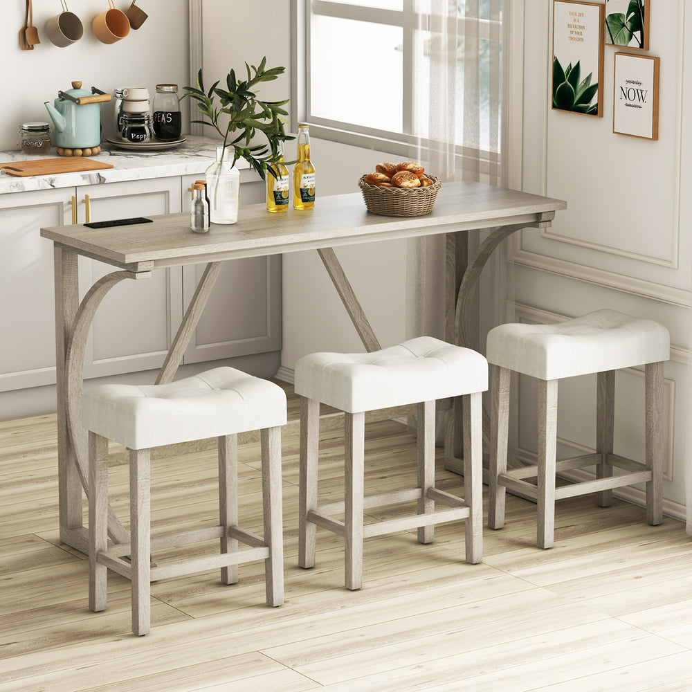 4-piece bar table set with grey wood finish and beige upholstered saddle seat stools, featuring a built-in power outlet.