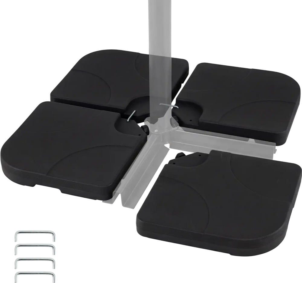 4-piece heavy-duty black cantilever umbrella base with U-locking pins for stability, fits 9-10 ft umbrellas.