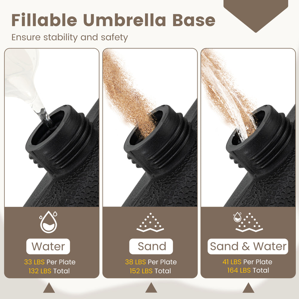 Close-up of the fillable umbrella base showing water and sand filling options for stability and safety, 164 lbs total.