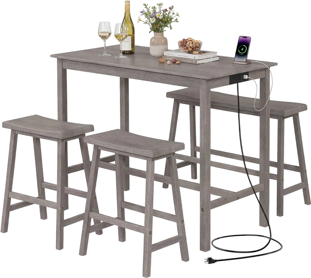 Counter height dining table set in gray with built-in charging station, sturdy rubber wood, and four backless stools.