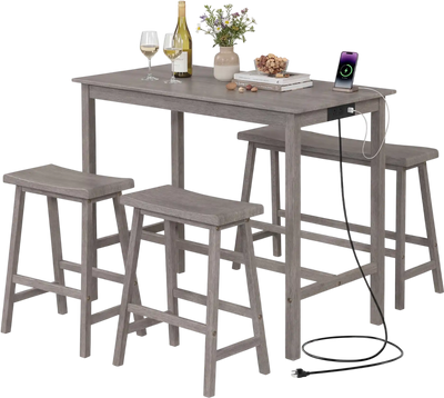 Costway 4-Piece Counter Height Dining Table Set w/ Power Outlet Solid Rubber Wood 62203507 New