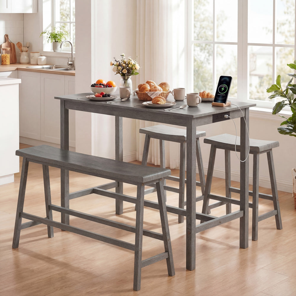 Counter height dining table set in gray with rubber wood, featuring a built-in charging station for convenient meals.