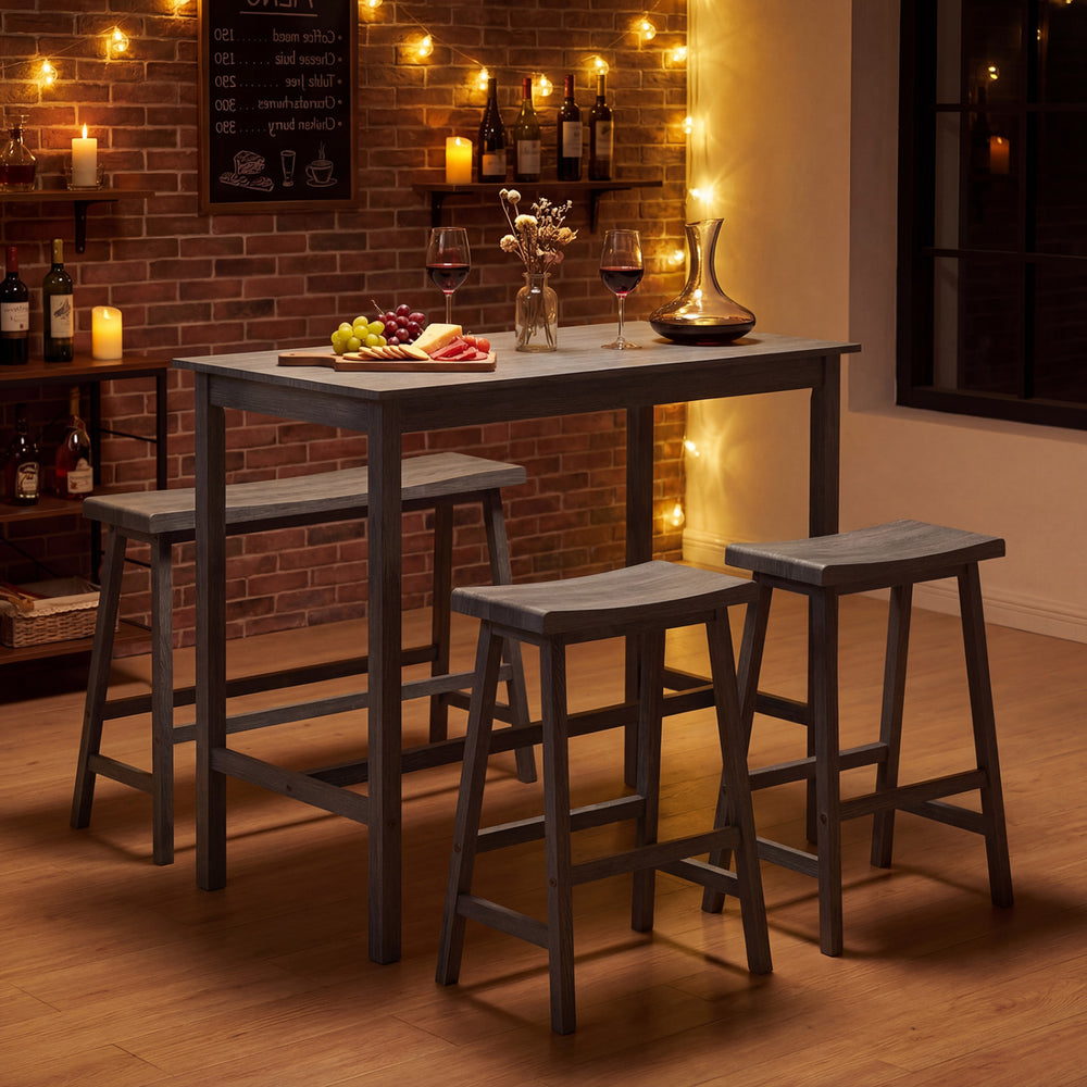 Counter height dining table set with gray rubber wood, includes built-in power outlet and four backless stools for.