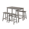 Counter height dining table set in gray with four stools, featuring sturdy rubber wood and built-in charging station.