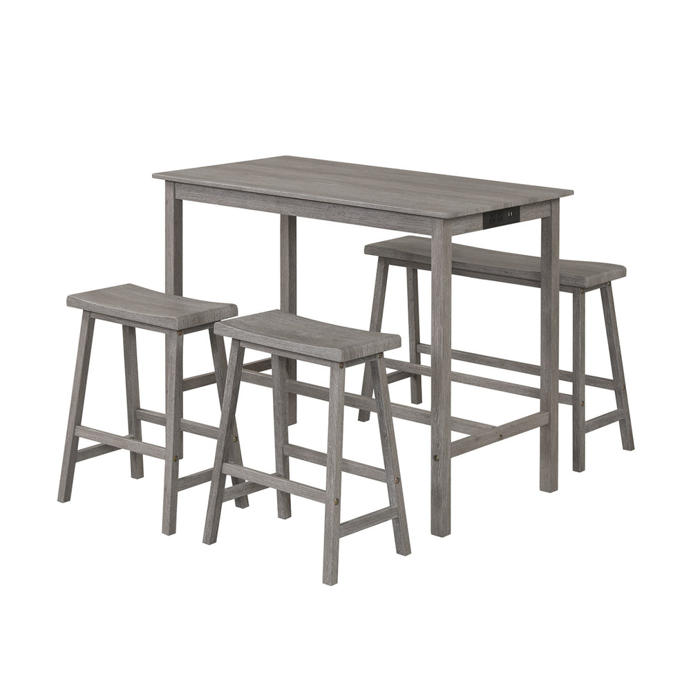Counter height dining table set in gray with four stools, featuring sturdy rubber wood and built-in charging station.