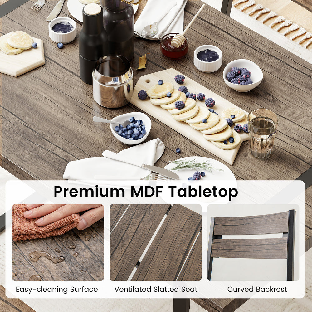 Premium MDF tabletop with easy-cleaning surface, showcasing a dining set for 4 with a bench and 2 chairs in gray.