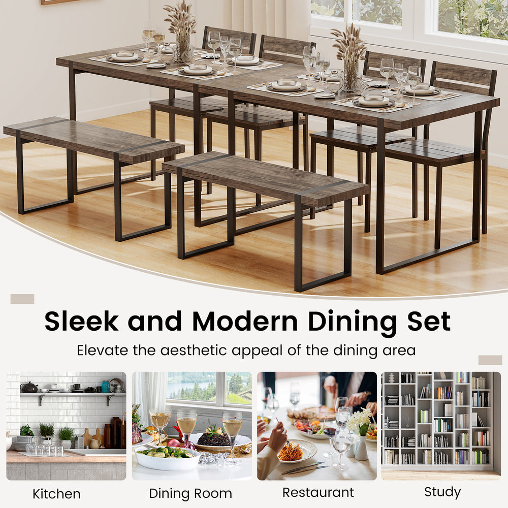 Modern 4-piece dining set with gray MDF tabletop, includes 1 bench and 2 chairs, perfect for small spaces.