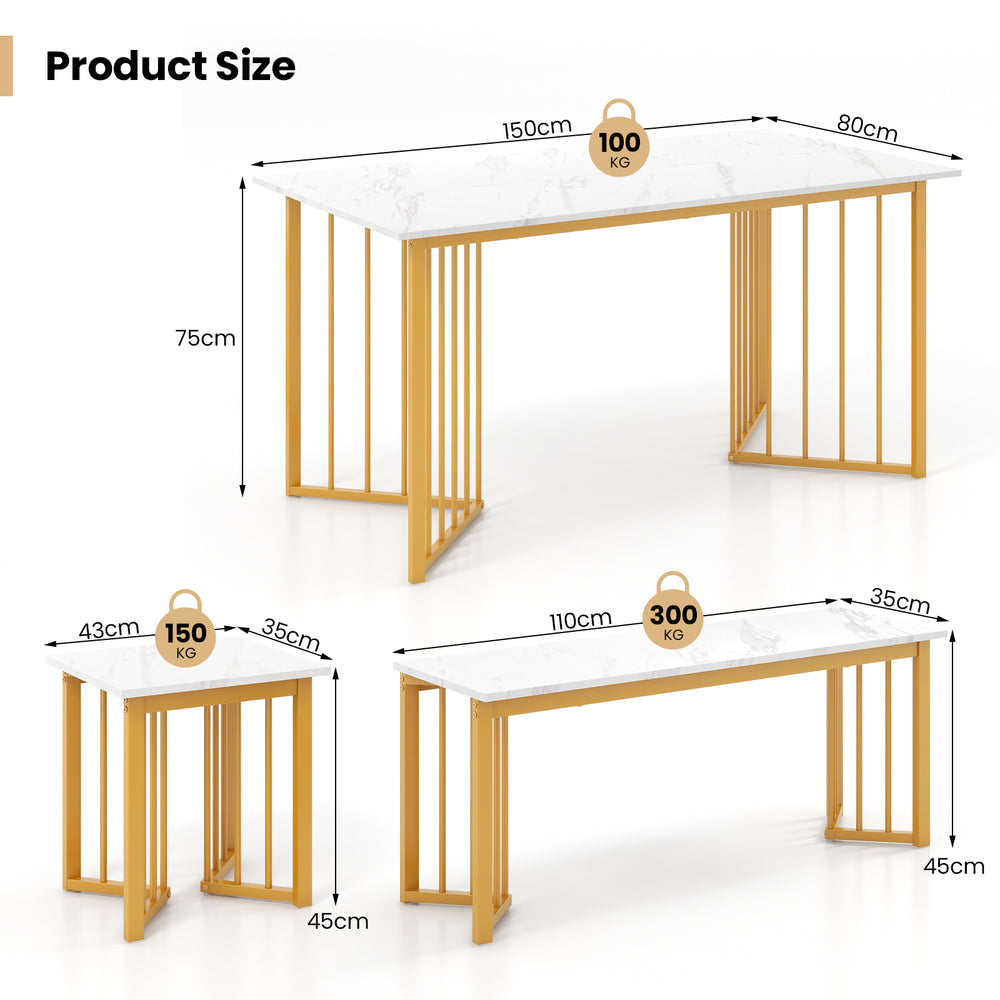 Dining table set with faux marble top and golden metal legs, featuring adjustable pads for stability and space-saving.