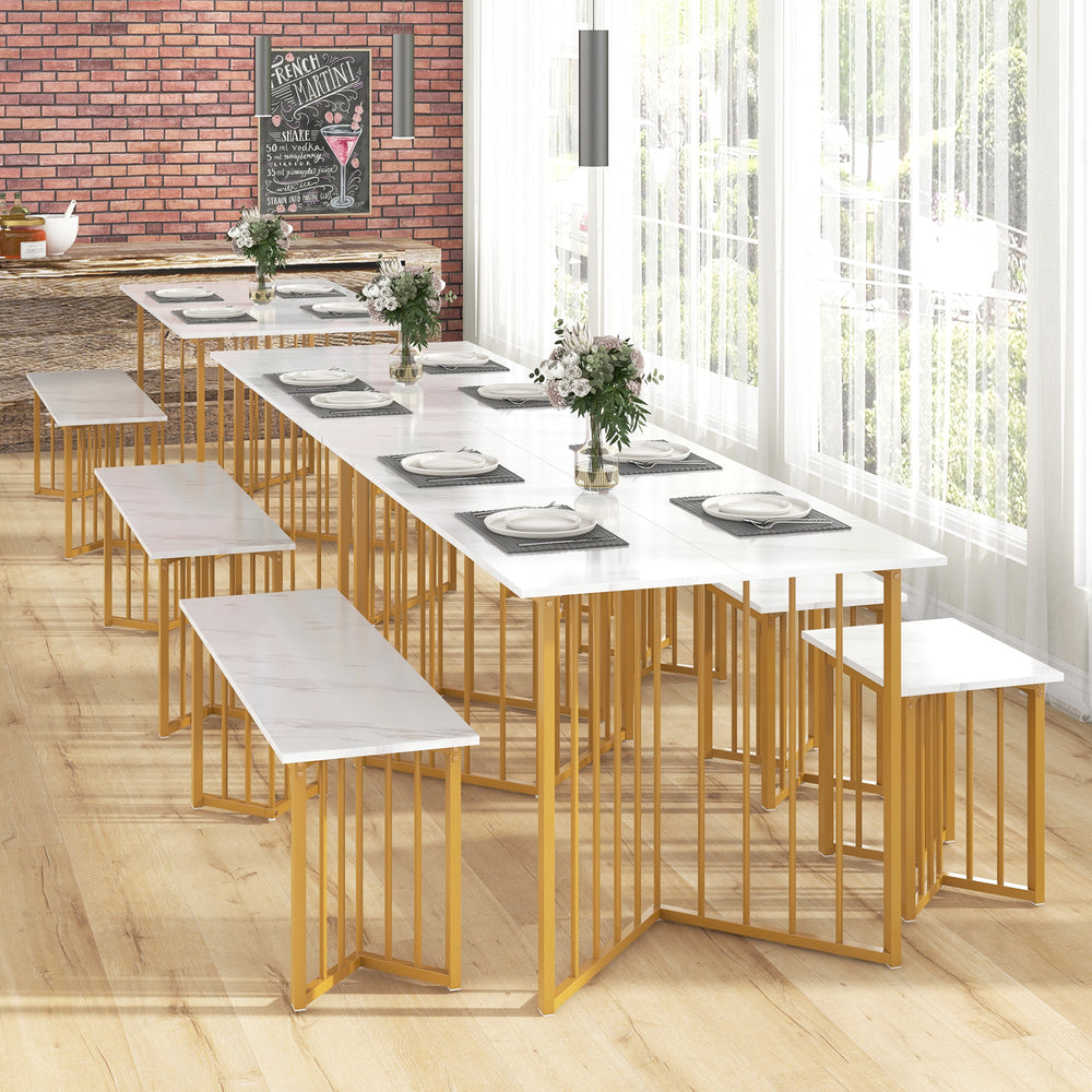 Large 59" white dining table set with faux marble top, golden metal legs, and two stools for stylish dining.
