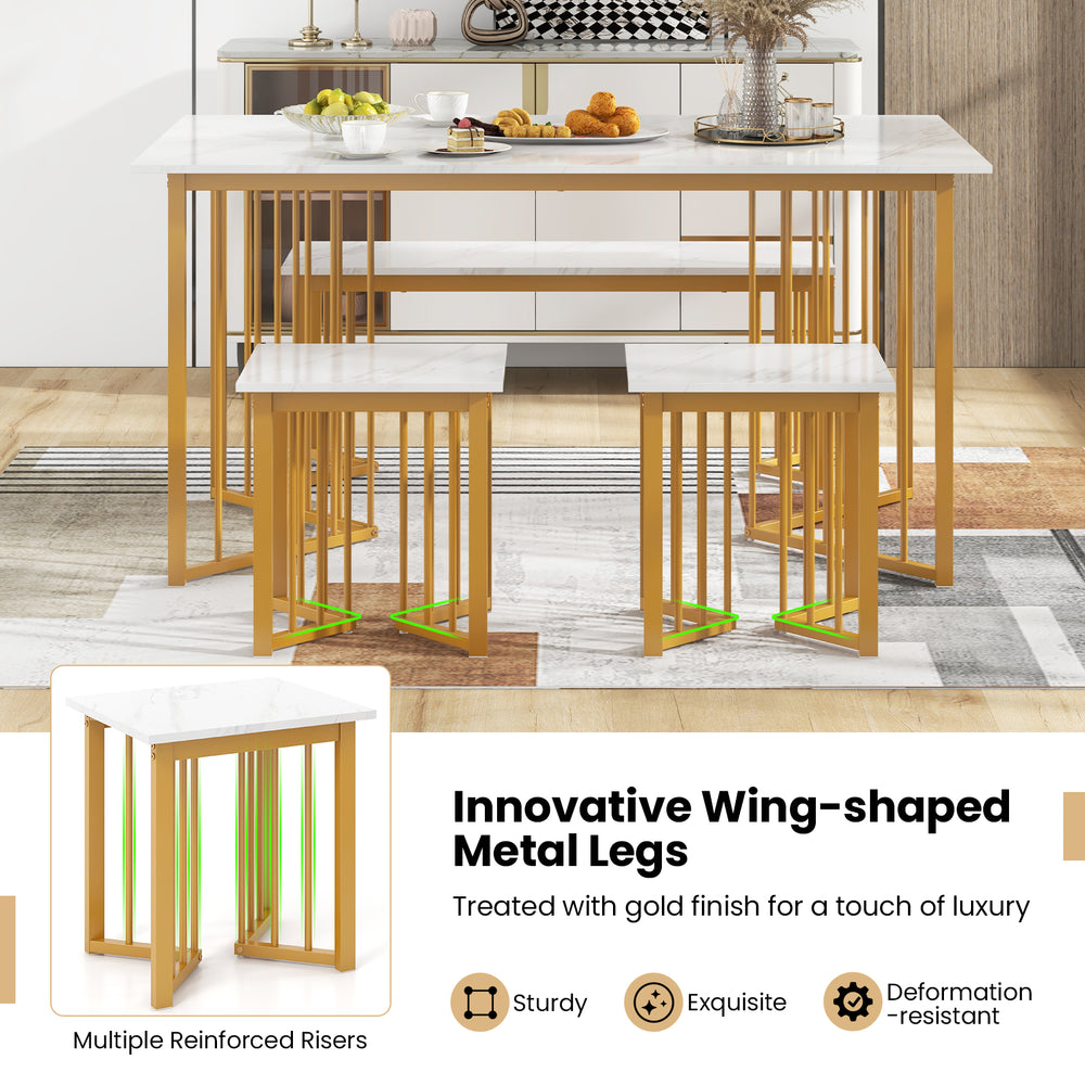 4-piece dining table set with faux marble top, gold wing-shaped metal legs, and space-saving bench and stools.