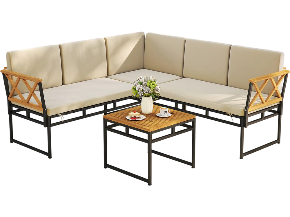 Side view of the L-shaped patio sofa set featuring beige cushions and acacia wood armrests, ideal for porch or poolside.