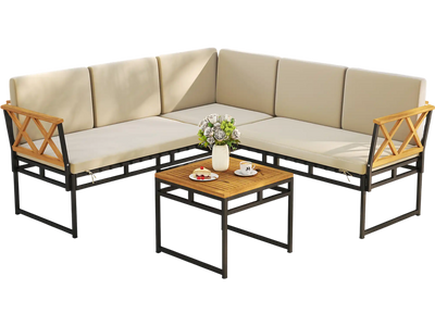 Costway 4-Piece Patio L-Shaped Sofa Set with Cushions & Side Table Brown 371286495 New