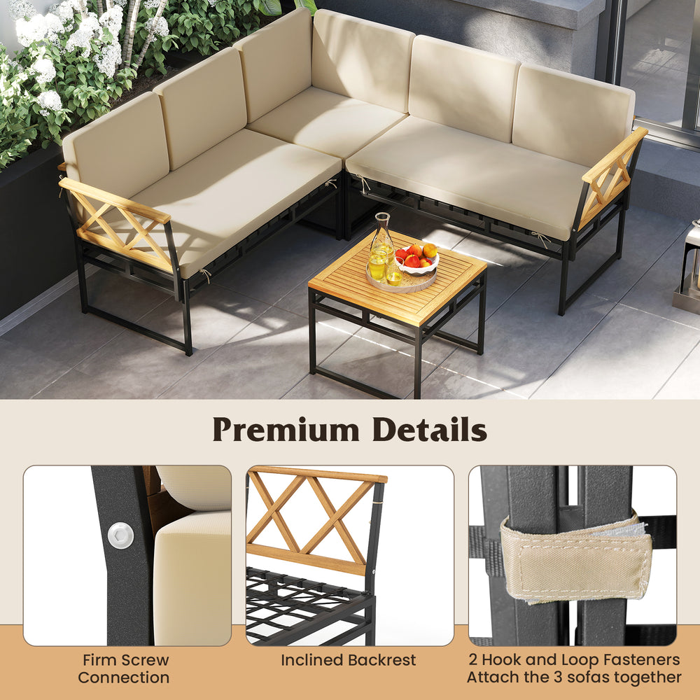 L-shaped patio sofa set with beige cushions, acacia wood armrests, and side table, perfect for outdoor relaxation.