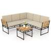 L-shaped patio sofa set with beige cushions, acacia wood armrests, and a side table, perfect for outdoor relaxation.