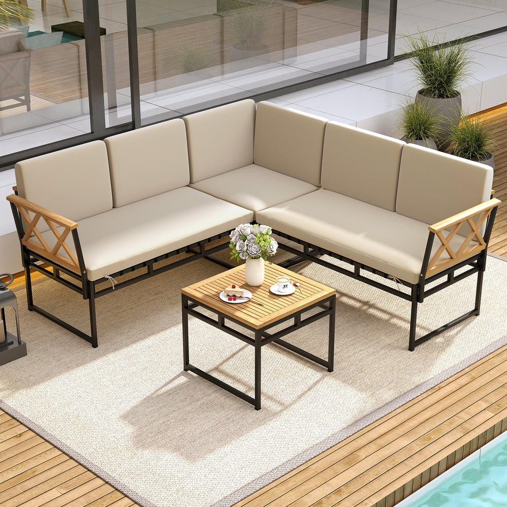 Top view of the L-shaped patio sofa set with beige cushions, featuring a sturdy metal frame and elegant acacia wood.